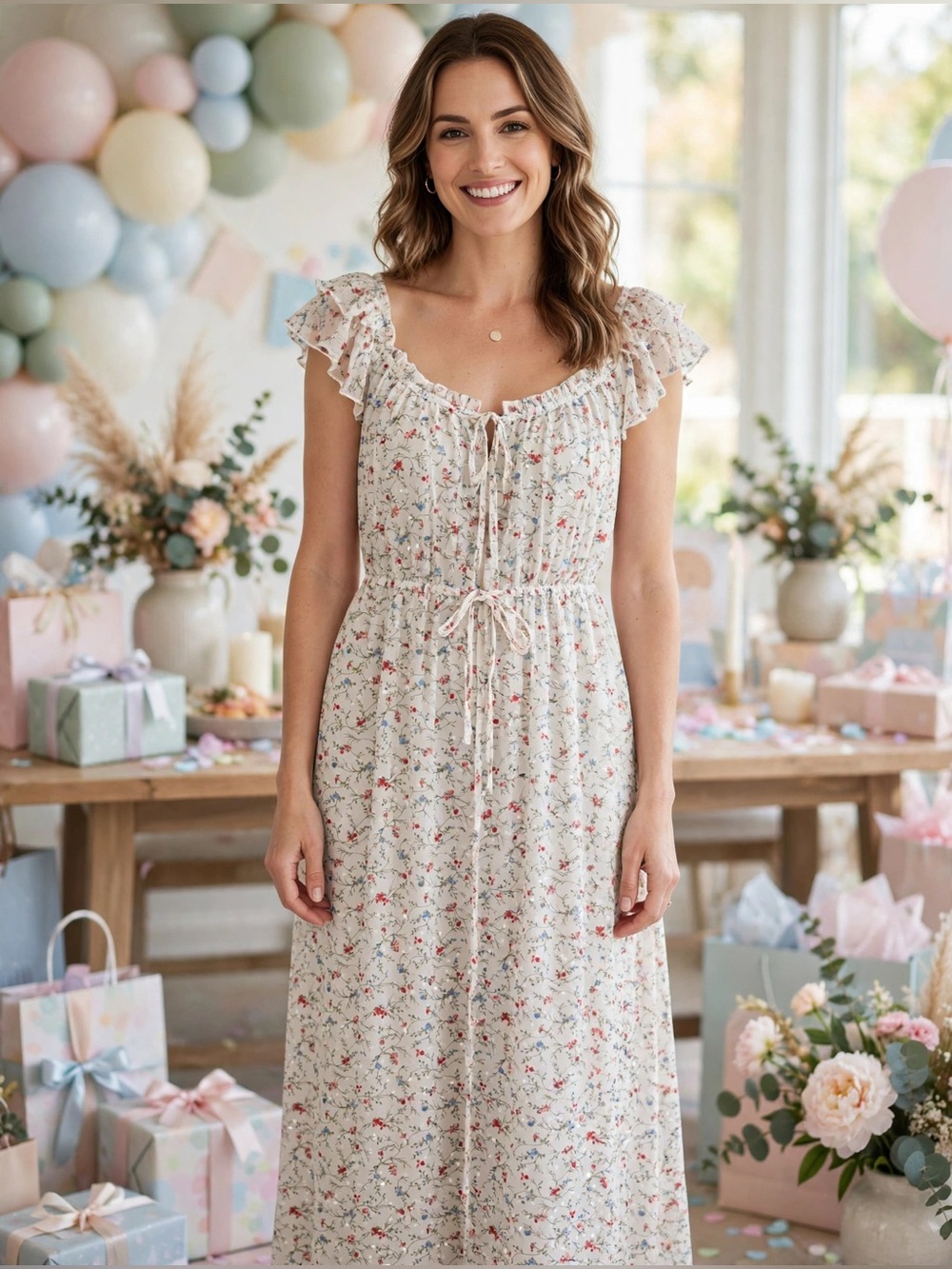 Cato Cream Floral Midi Kimono with Pink and Blue Sprigs